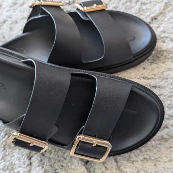 Banana Republic Vegan Leather Black & Gold Slide Sandals - Picture 1 of 7